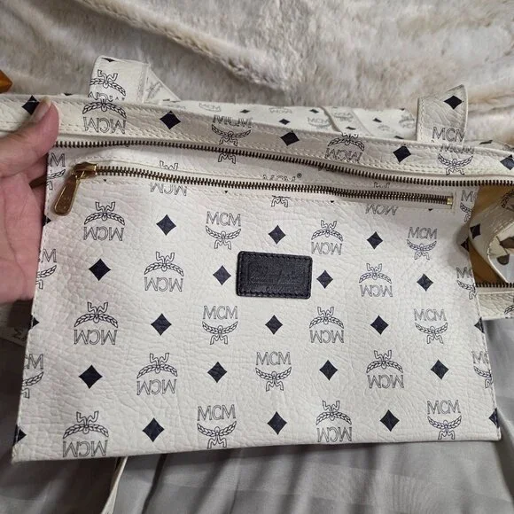 MCM White & Black Monogram Print Large Tote Bag - Picture 10 of 14